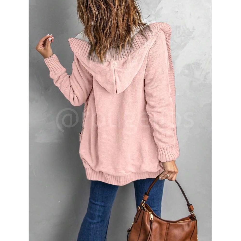 Pink Sherpa Knit Hooded Cardigan Front Pockets Long Sleeves Hip Length - Picture 4 of 17